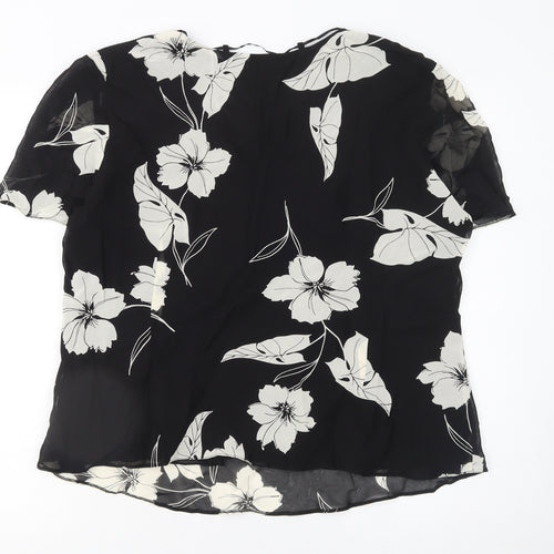 Berkertex Women’s Black Floral Chiffon V-Neck Short Sleeve Tunic Blouse Size 18