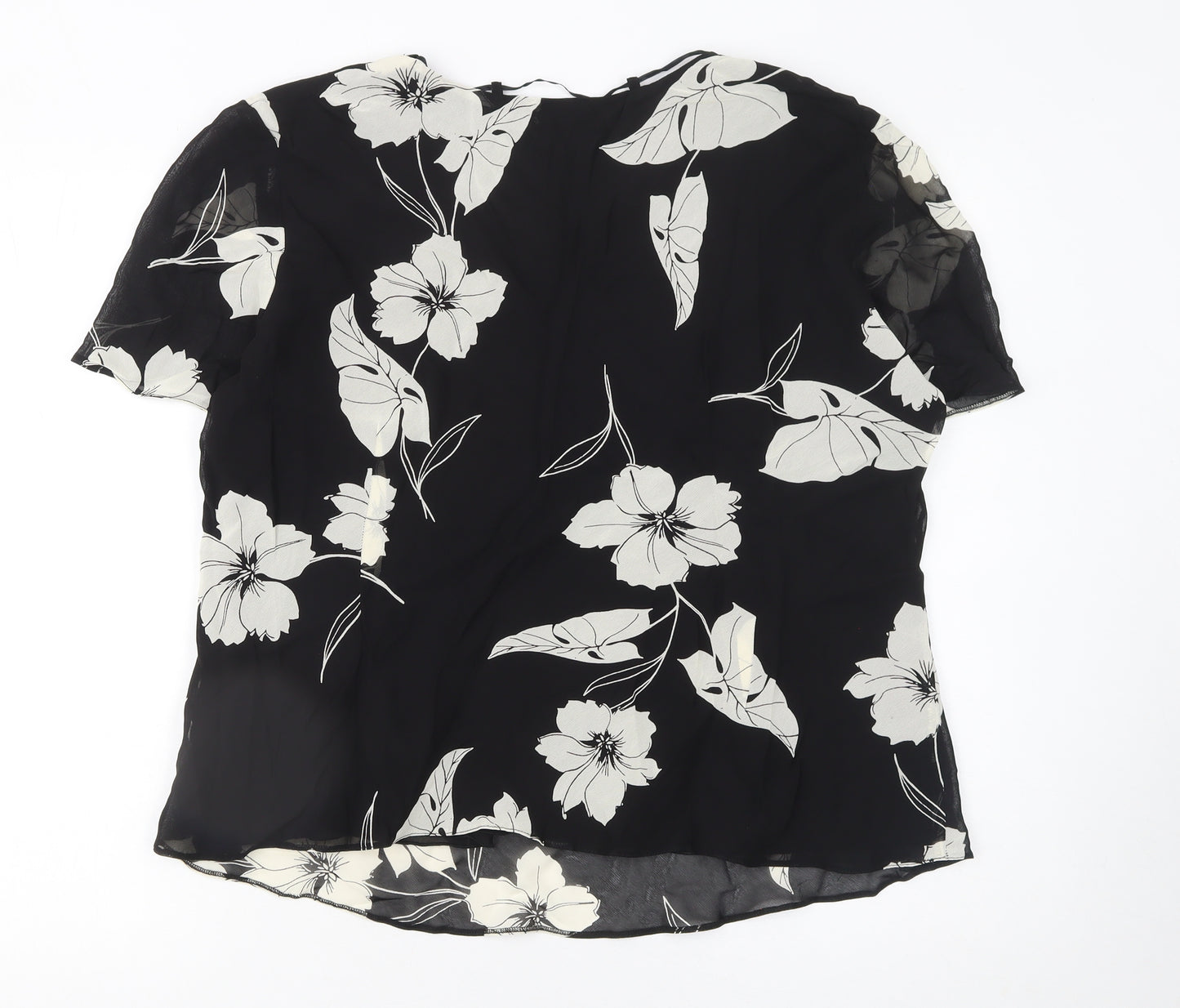Berkertex Women’s Black Floral Chiffon V-Neck Short Sleeve Tunic Blouse Size 18