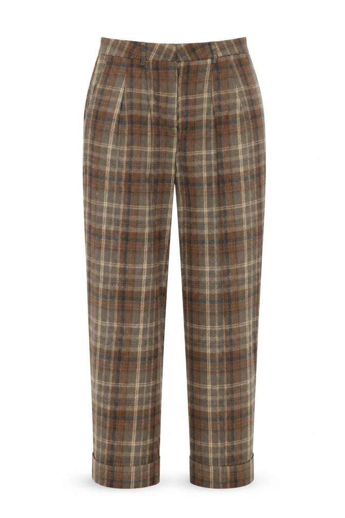 Anewsta Women's Brown Plaid Wool Blend Pleated Chino Trousers Size 10