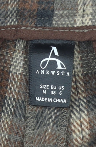 Anewsta Women's Brown Plaid Wool Blend Pleated Chino Trousers Size 10