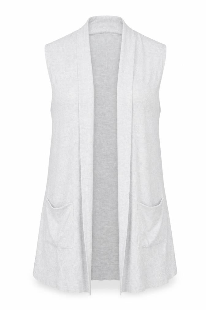 Front view of Dunnes Women Grey Sleeveless Open Cardigan, size 14