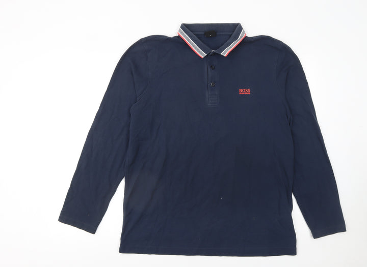 Hugo Boss Mens Blue Long Sleeve Cotton Polo Shirt XL Regular Fit