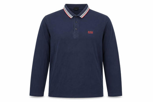 Front view of Hugo Boss men’s blue long sleeve cotton polo shirt xl regular fit
