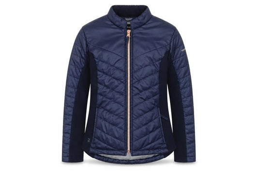 Front view of Fouganza boys’ blue 7-8 years softshell riding jacket - lightweight zip activewear