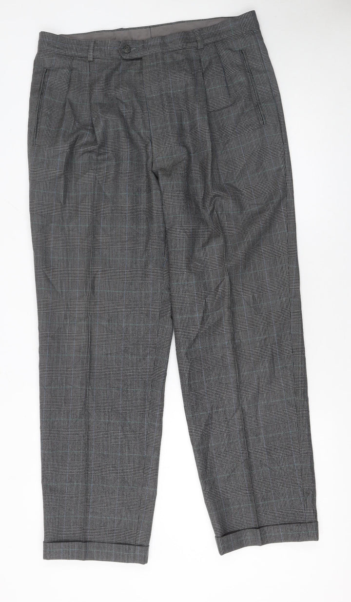 Jaeger Mens Grey Checked Wool Pleated Dress Trousers Size 36L