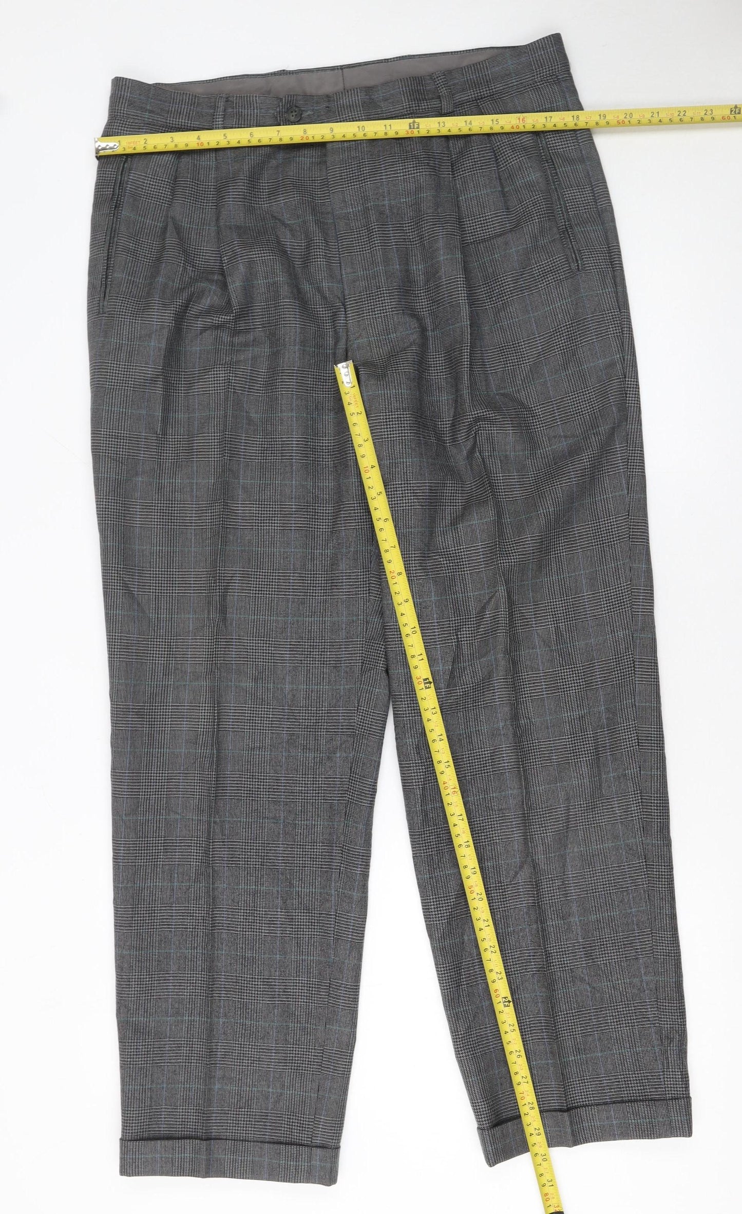 Jaeger Mens Grey Checked Wool Pleated Dress Trousers Size 36L