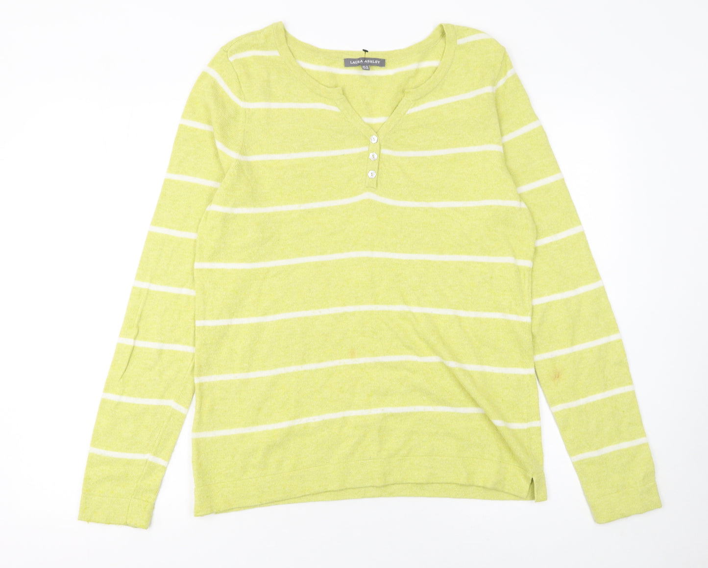 Laura Ashley Women Green Striped Henley Jumper Size 12 Long Sleeve