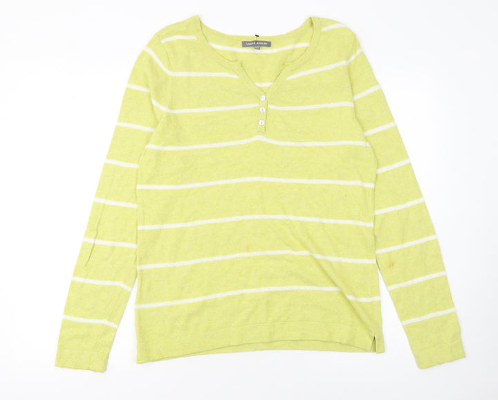 Laura Ashley Women Green Striped Henley Jumper Size 12 Long Sleeve