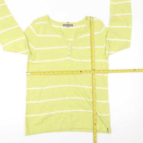 Laura Ashley Women Green Striped Henley Jumper Size 12 Long Sleeve