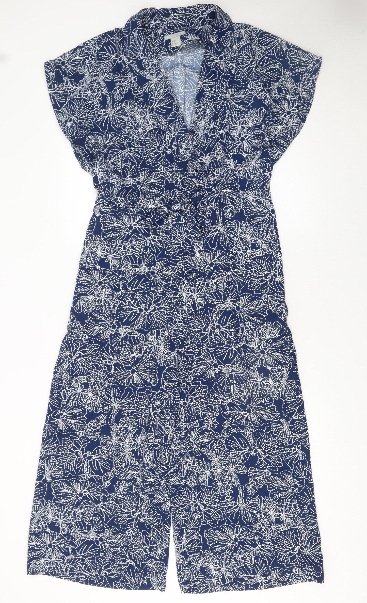 H&M Womens Blue Floral Jumpsuit Size 10 V-Neck Short Sleeve