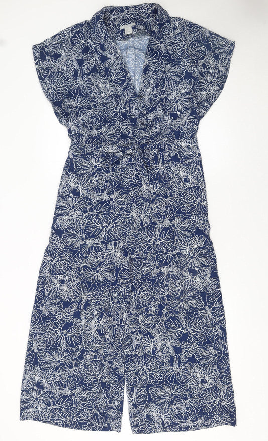 H&M Womens Blue Floral Jumpsuit Size 10 V-Neck Short Sleeve