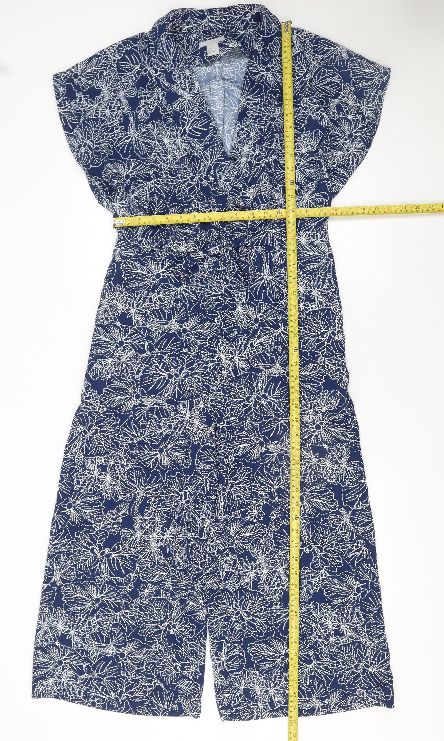 H&M Womens Blue Floral Jumpsuit Size 10 V-Neck Short Sleeve