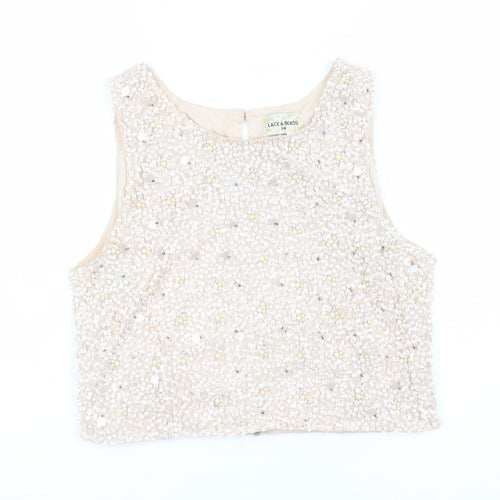 Lace & Beads Womens Beige Sequin Cropped Tank Top Size 14