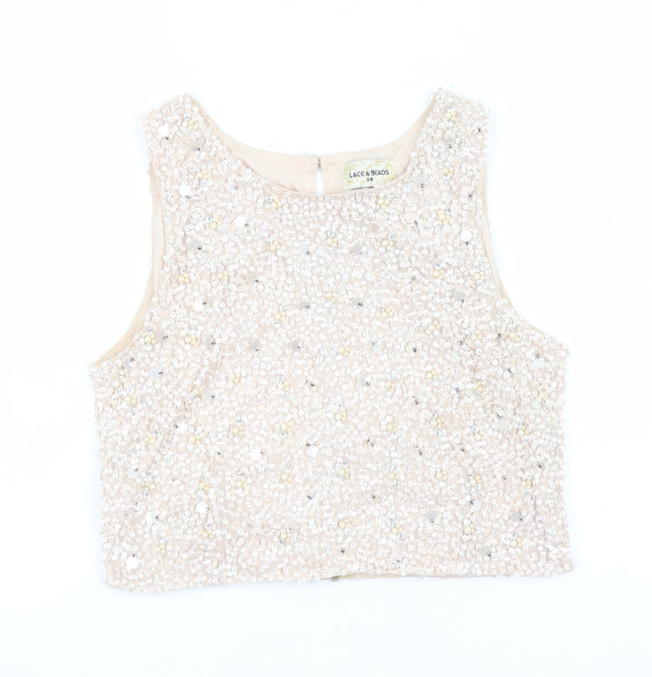 Lace & Beads Womens Beige Sequin Cropped Tank Top Size 14