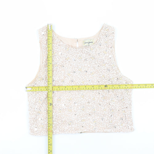 Lace & Beads Womens Beige Sequin Cropped Tank Top Size 14