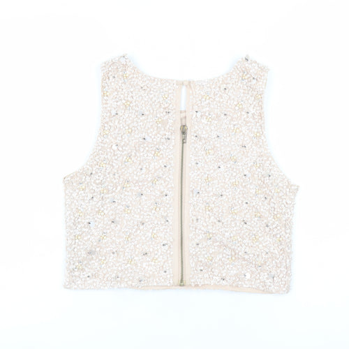 Lace & Beads Womens Beige Sequin Cropped Tank Top Size 14