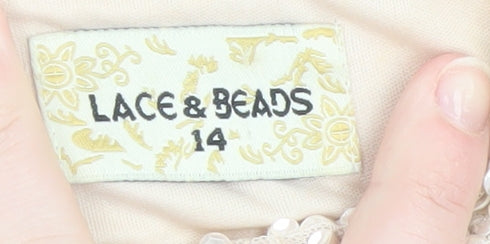 Lace & Beads Womens Beige Sequin Cropped Tank Top Size 14