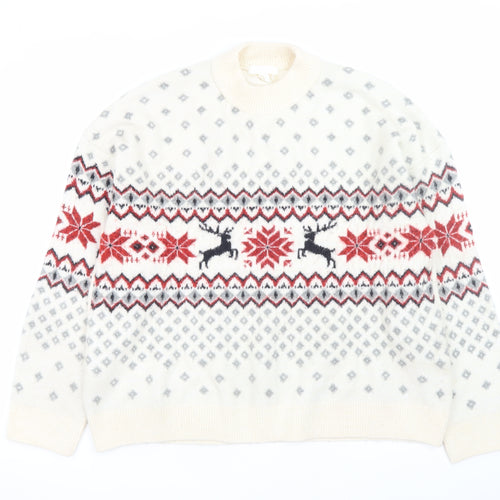 H&M Men's Ivory Fair Isle Christmas Jumper Size L Wool Blend Knitwear