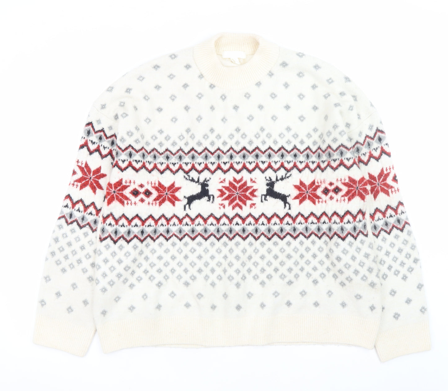 H&M Men's Ivory Fair Isle Christmas Jumper Size L Wool Blend Knitwear
