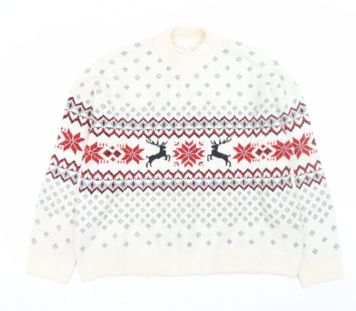 H&M Men's Ivory Fair Isle Christmas Jumper Size L Wool Blend Knitwear