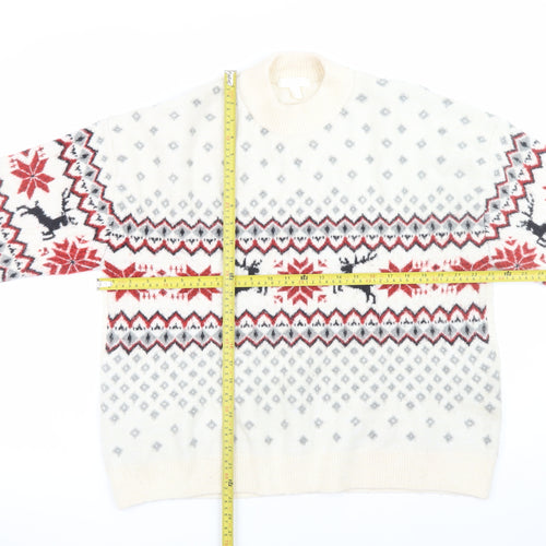 H&M Men's Ivory Fair Isle Christmas Jumper Size L Wool Blend Knitwear