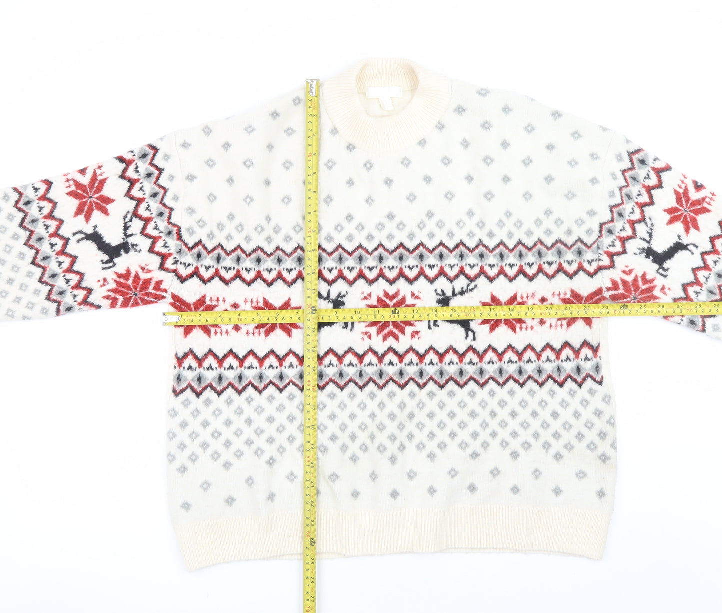 H&M Men's Ivory Fair Isle Christmas Jumper Size L Wool Blend Knitwear