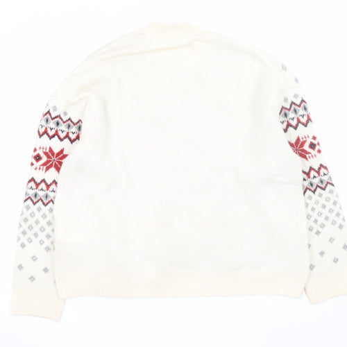 H&M Men's Ivory Fair Isle Christmas Jumper Size L Wool Blend Knitwear