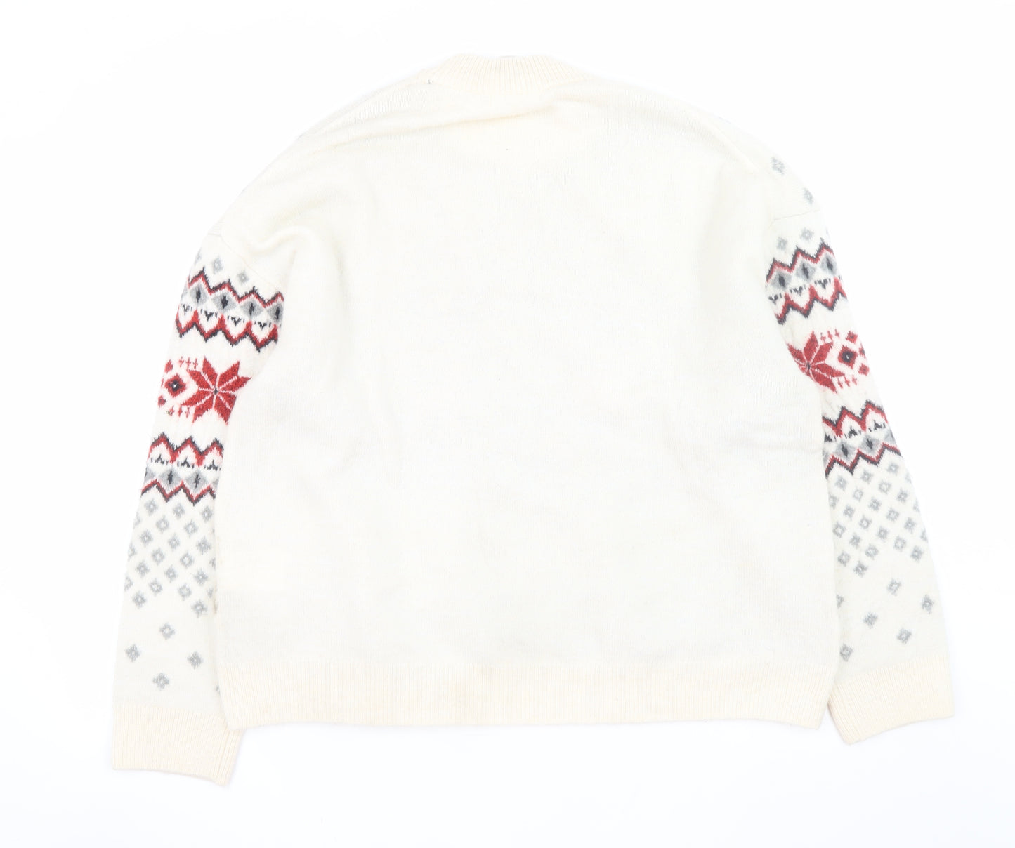 H&M Men's Ivory Fair Isle Christmas Jumper Size L Wool Blend Knitwear
