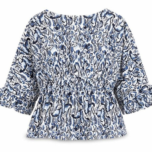Gallery Women Blue Floral Tunic Blouse M 3/4 Sleeve