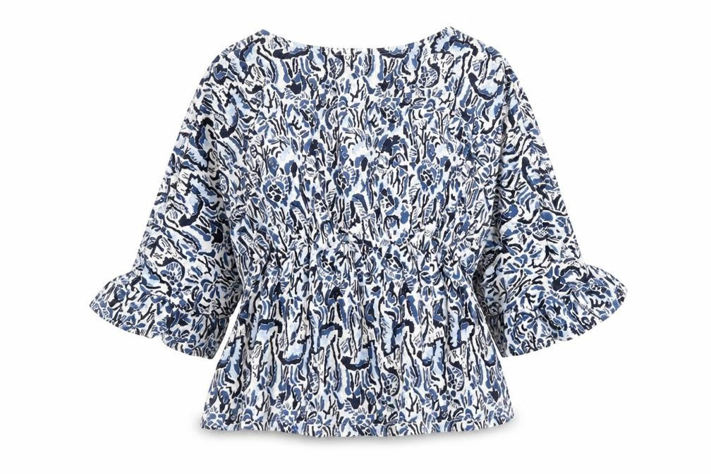 Gallery Women Blue Floral Tunic Blouse M 3/4 Sleeve