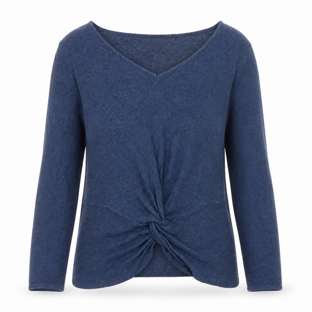 Front view of White Stuff Women’s Blue V-Neck Twist Front Knit Jumper, size UK 8