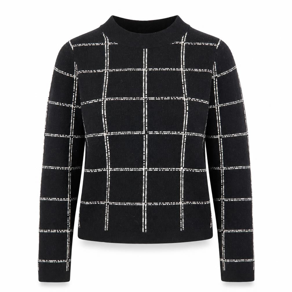 Front view of H&M Women's Black Check Knit Jumper, size S, Crew Neck Pullover