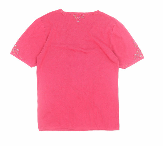 Eternal Collection Women's Pink Beaded V-Neck Cotton Short Sleeve T-Shirt Size 14