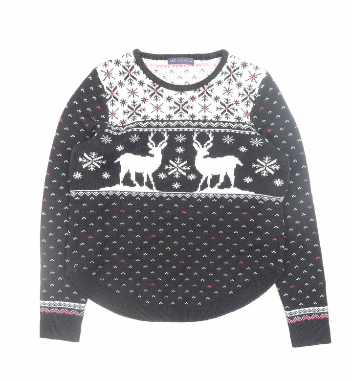 Marks and Spencer Women's Black Fair Isle Reindeer Jumper Medium