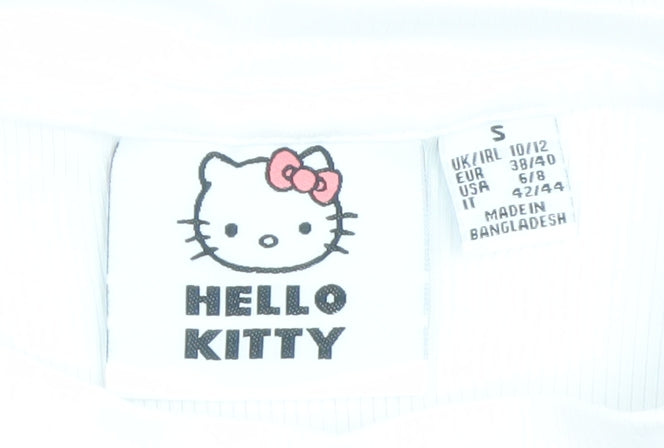 Hello Kitty Girls White Ribbed Short Sleeve T-Shirt Size Small Cotton Blend