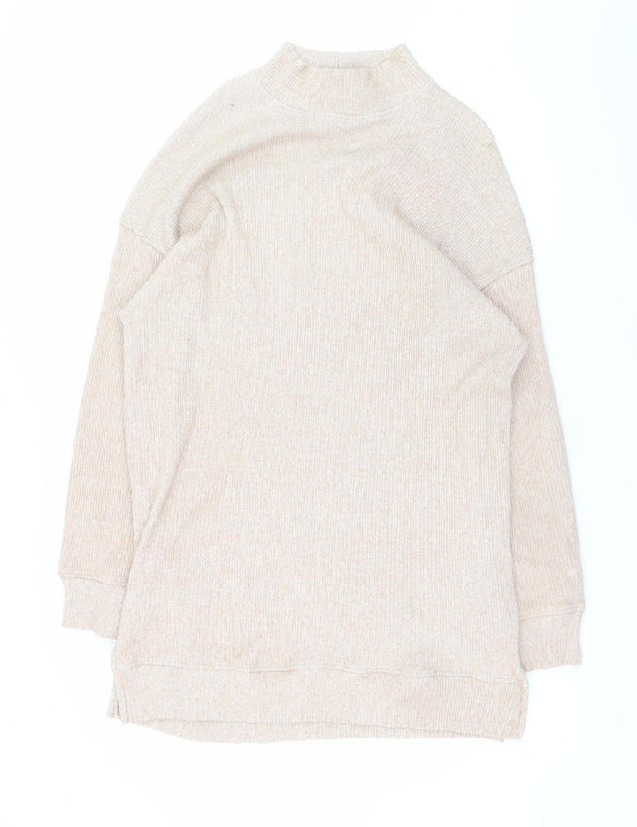 Bershka Women Beige Knit High Neck Long Sleeve Sweater Dress L