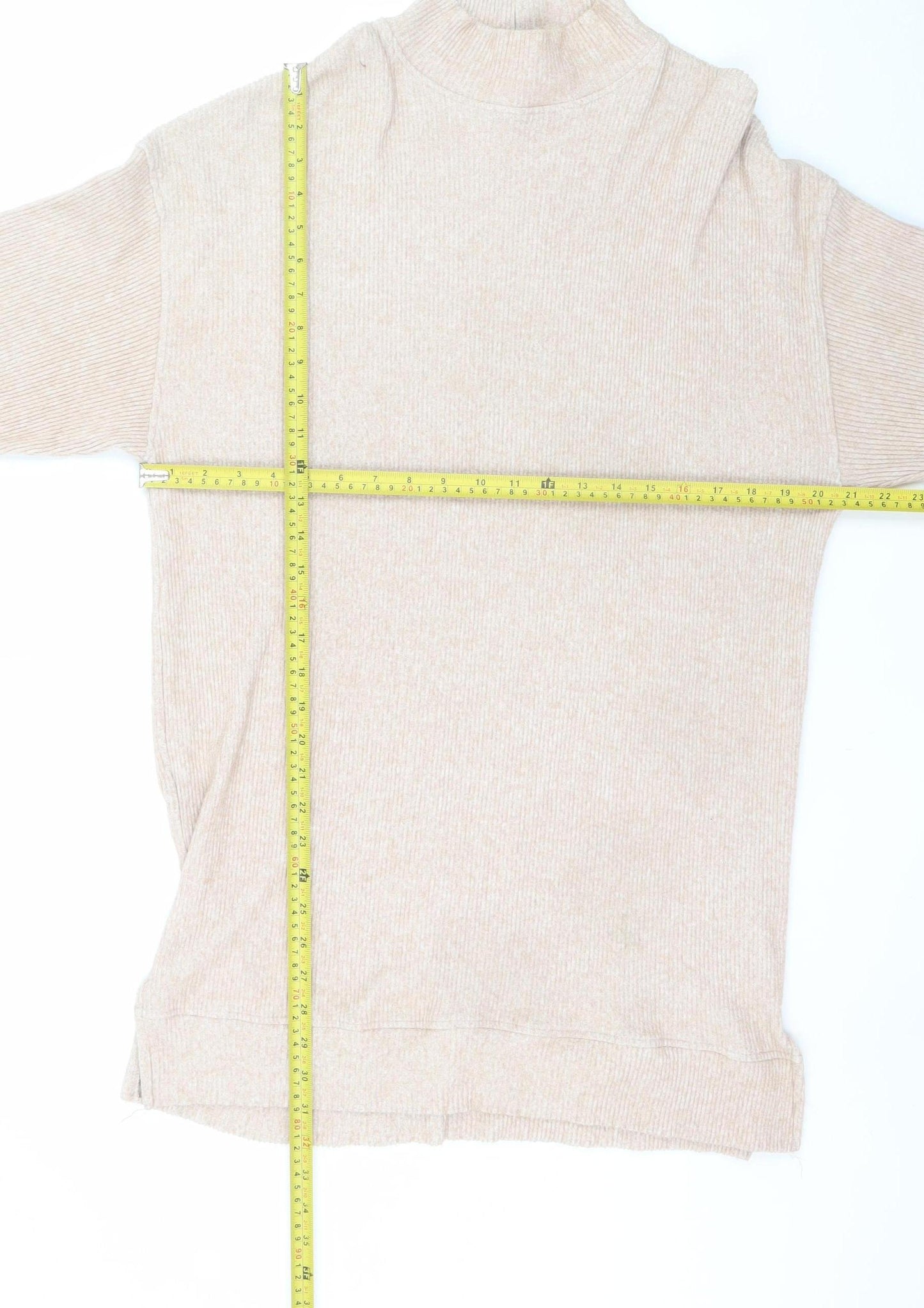 Bershka Women Beige Knit High Neck Long Sleeve Sweater Dress L