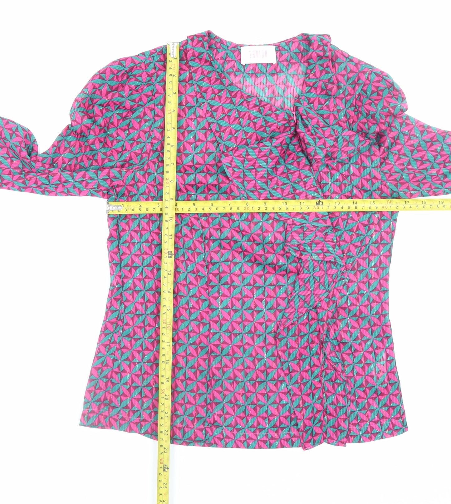 Savida Women’s Pink Geometric Ruffle Wrap Blouse Size 8
