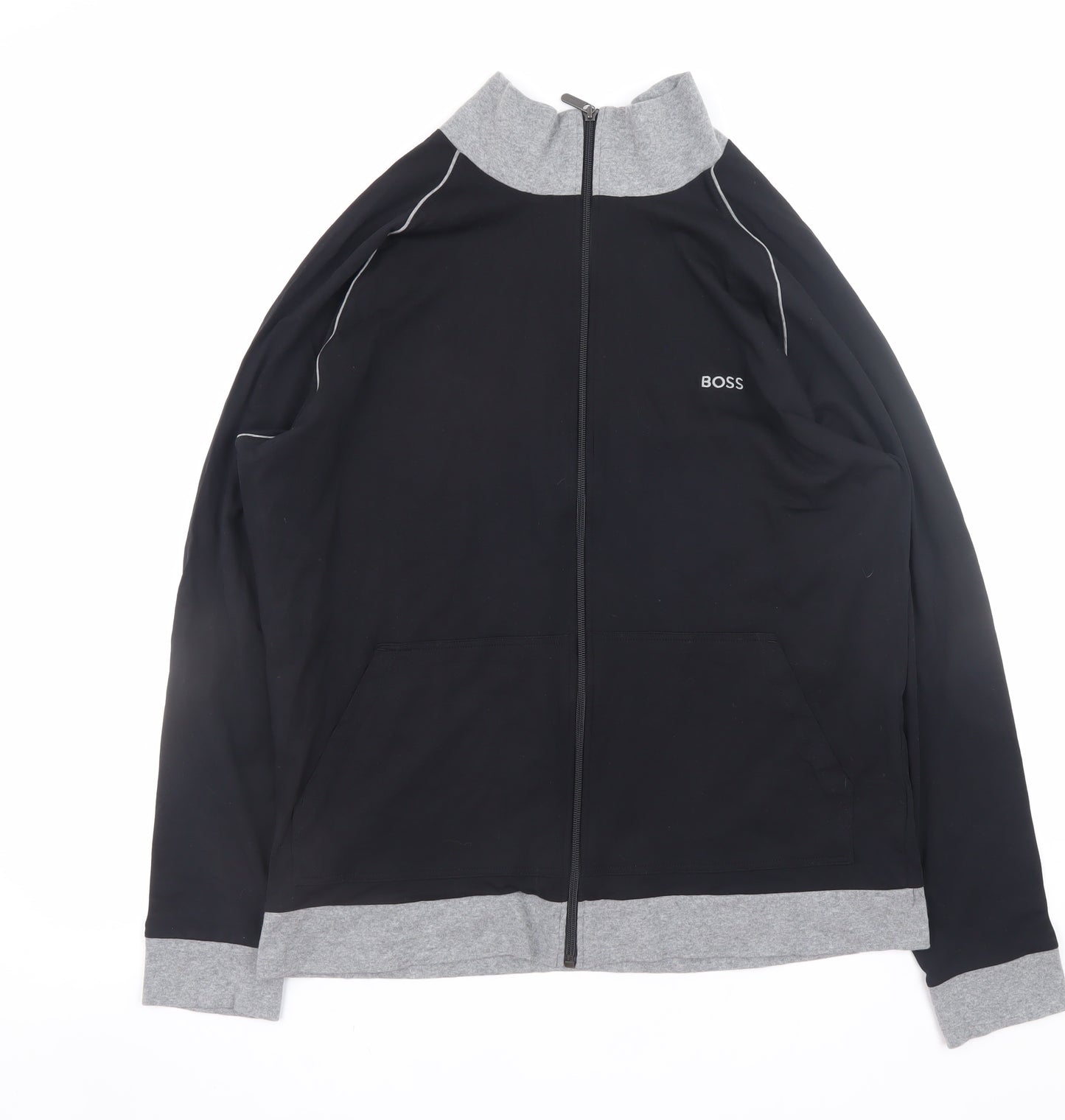 BOSS Mens Black XL Full Zip Jersey Jacket with Grey Trim