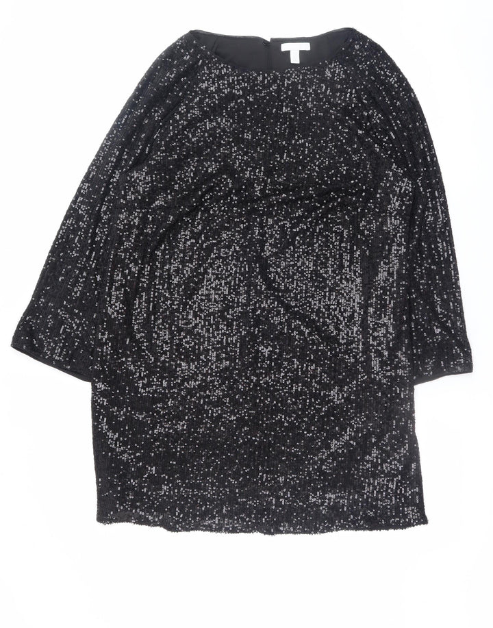 H&M Women Black Sequin Shift Dress Size 12 Party Cocktail 3/4 Sleeve