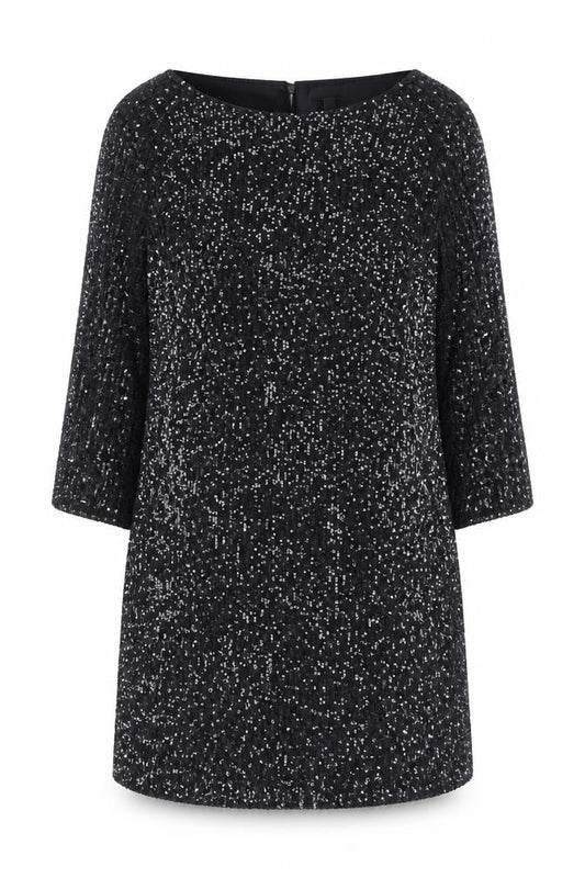 Front view of H&M Women Black Sequin Shift Dress, size 12, Party Cocktail 3/4 Sleeve