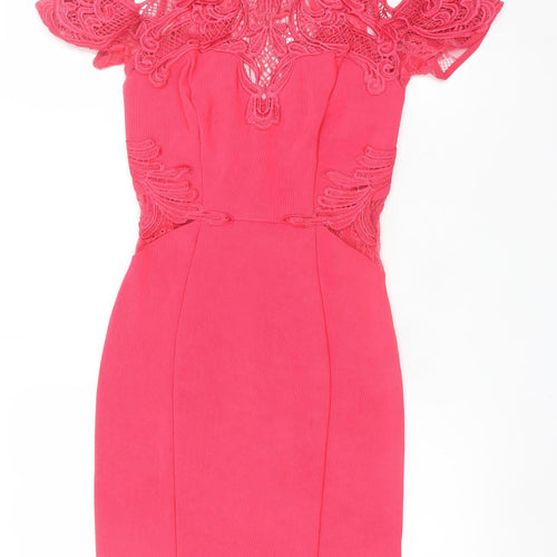 Lipsy Women’s Pink Lace Cold Shoulder Bodycon Dress Size 8