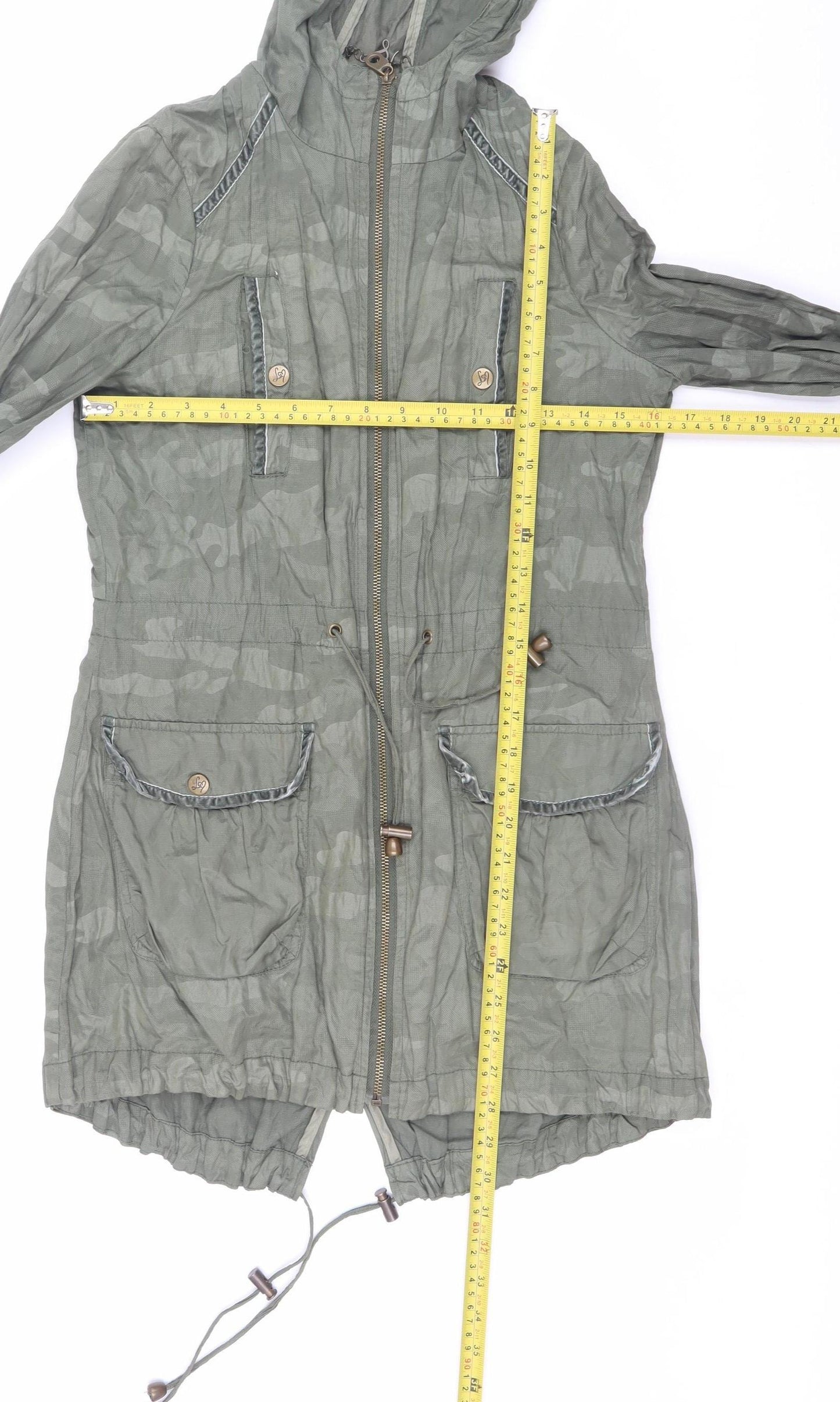 Lipsy Women Green Size 10 Hooded Parka Jacket with Zip & Drawstring