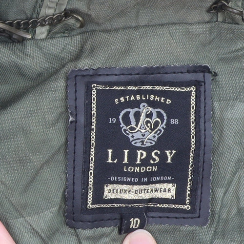 Lipsy Women Green Size 10 Hooded Parka Jacket with Zip & Drawstring