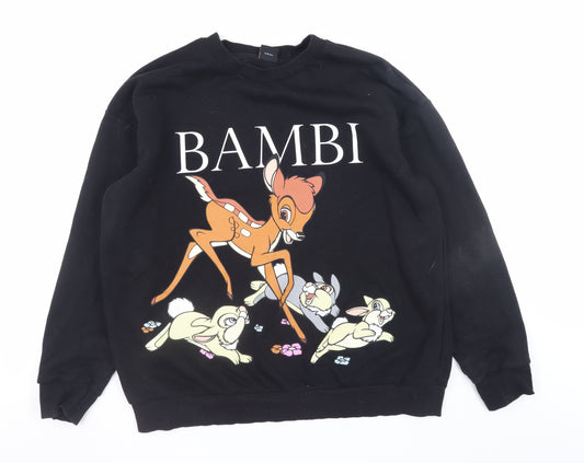 Front view of Disney at George Bambi Black Sweatshirt Women L Cotton Blend Pullover