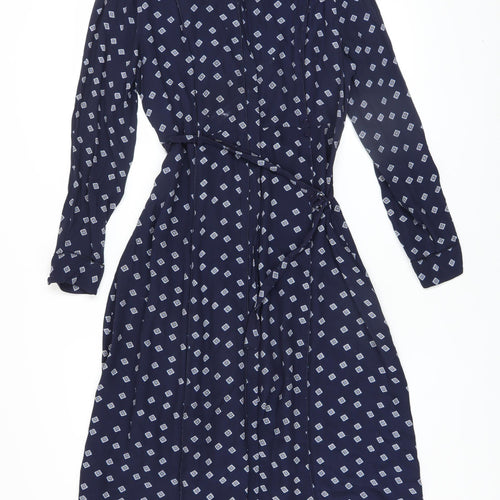 YAYA Women Blue Geometric Midi Shirt Dress Size 10 Long Sleeve