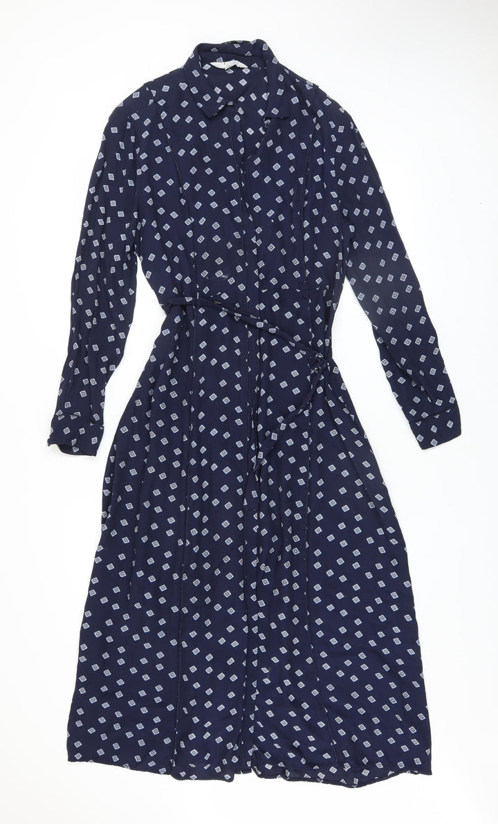 YAYA Women Blue Geometric Midi Shirt Dress Size 10 Long Sleeve