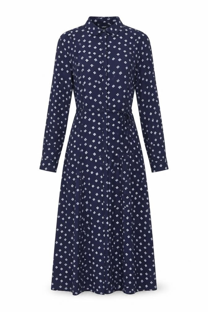 YAYA Women Blue Geometric Midi Shirt Dress Size 10 Long Sleeve