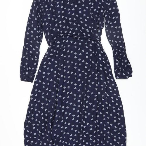 YAYA Women Blue Geometric Midi Shirt Dress Size 10 Long Sleeve