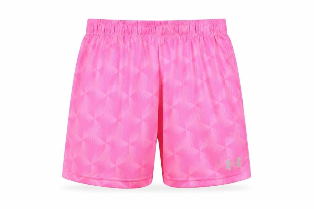 Front view of Under Armour boys’ pink athletic shorts, size 24, uk 13 years polyester